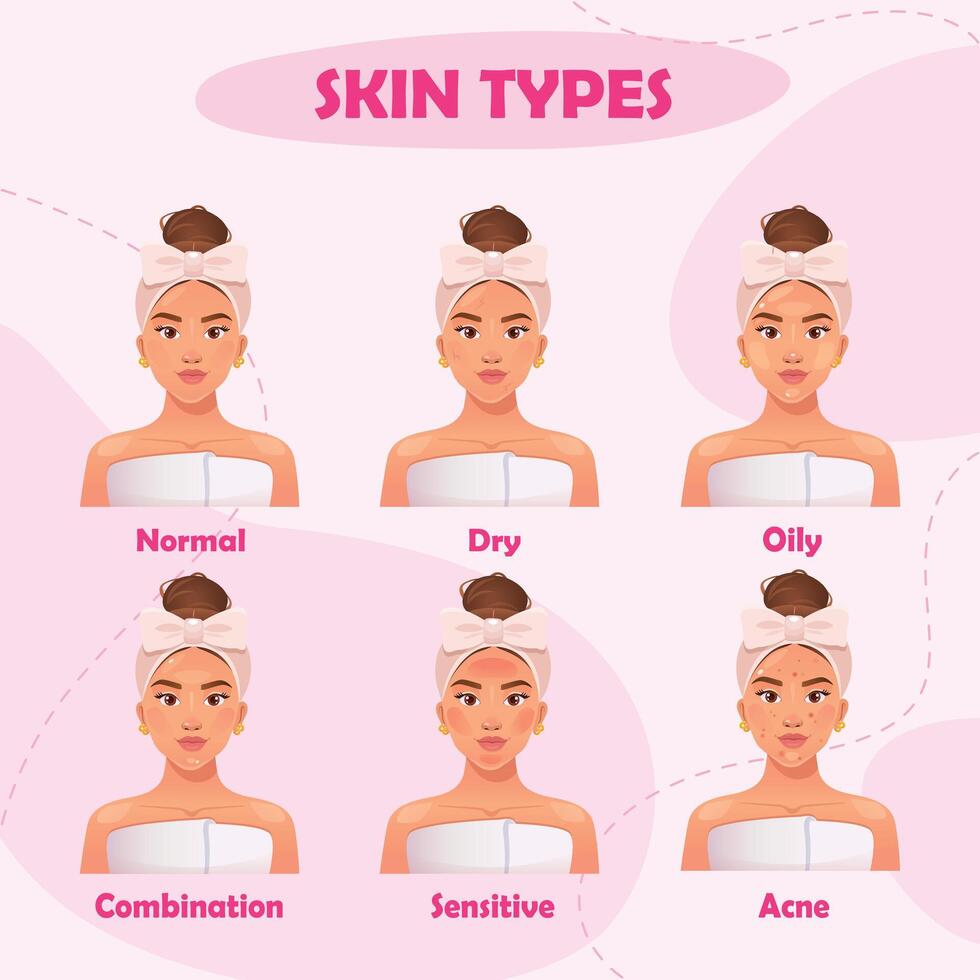 illustration with beautiful woman faces of 6 skin types. vector