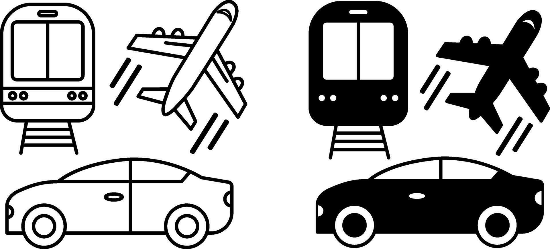 Transportation Icons. Black and White Illustrations. Car, Train, and Airplane. Delivery Service, Logistics. Society Sector Concept vector
