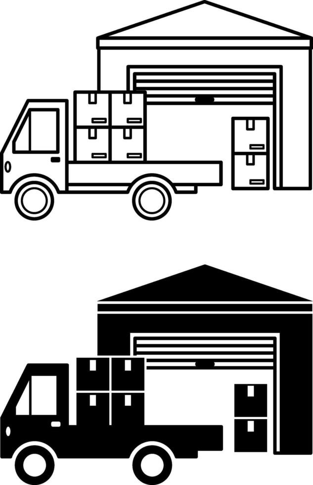 Warehouse Icons. Black and White Illustrations. Unloading Goods in Warehouse. Car with Cargo, Delivery Service. Logistics Concept vector