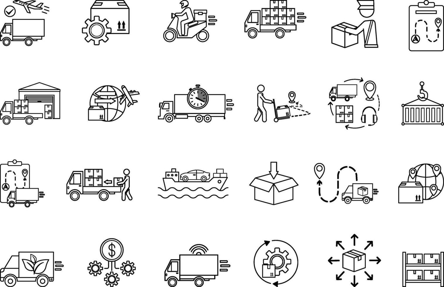 Logistics Icon Set. Icon Delivery, Customs Clearance, Inventory, Loading, Distribution, Packaging, Warehouse, Import, Export, Transportation, Planning, Cargo and Others vector