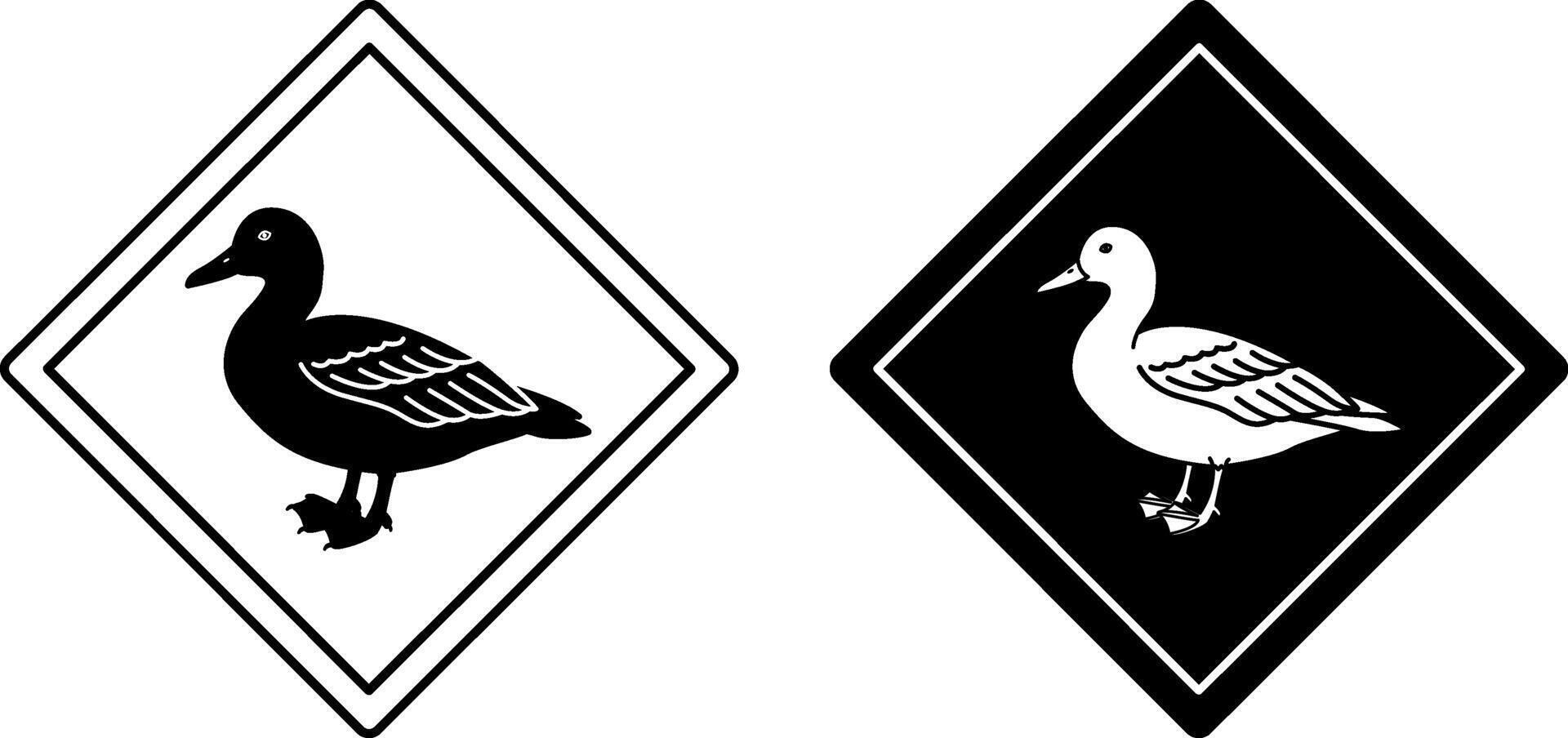 Duck Road Signs. Black and White Icons. Waterfowl. Road Sign Warning About Animals Crossing the Road. Sticker for Zoo vector