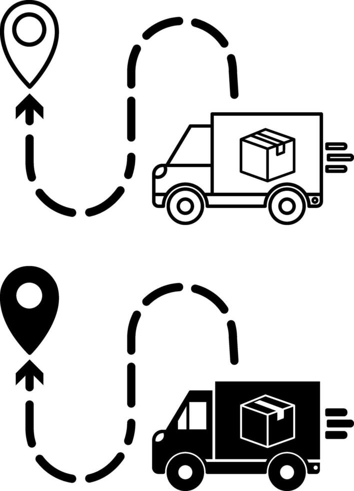 Shipping Icons. Black and White Illustrations. Truck Carries Goods to the Location Specified by Geolocation. Delivery Service. Logistics Concept vector