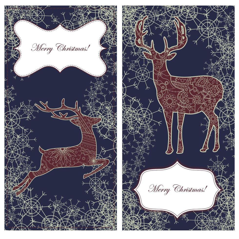 Set of christmas cards with deers on blue background. Violet silhouette of anomal painted by golden flowers, Showflakes frame and banner for text vector
