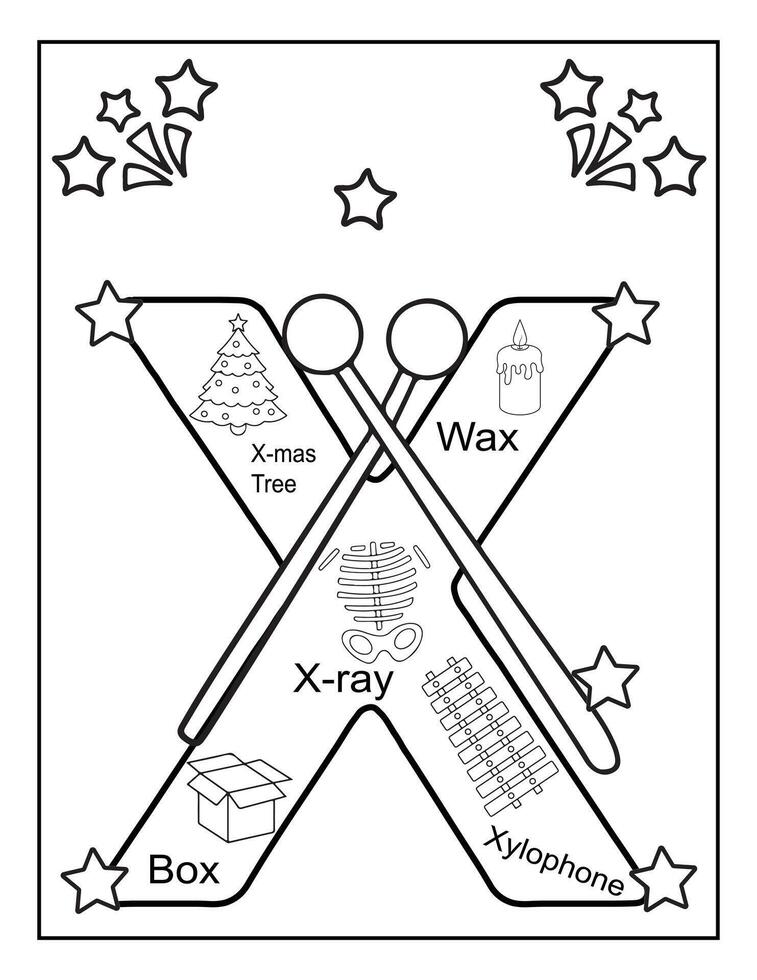 Alphabet X coloring pages for kids vector