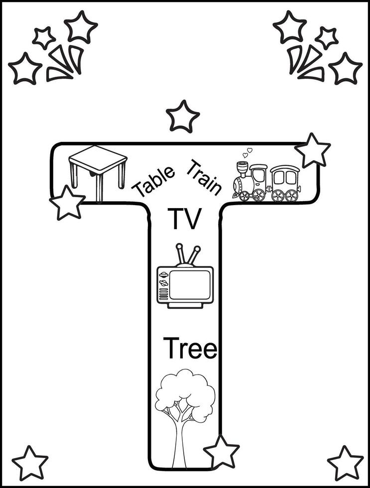 Alphabet T coloring pages for kids vector