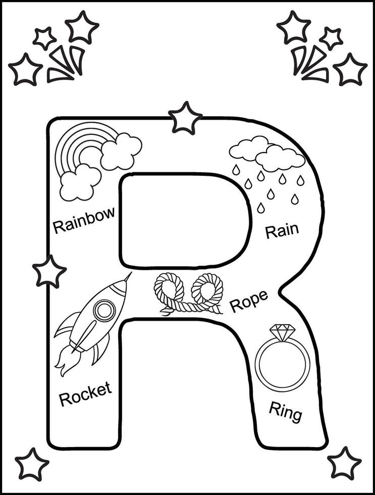 Alphabet R coloring pages for kids vector