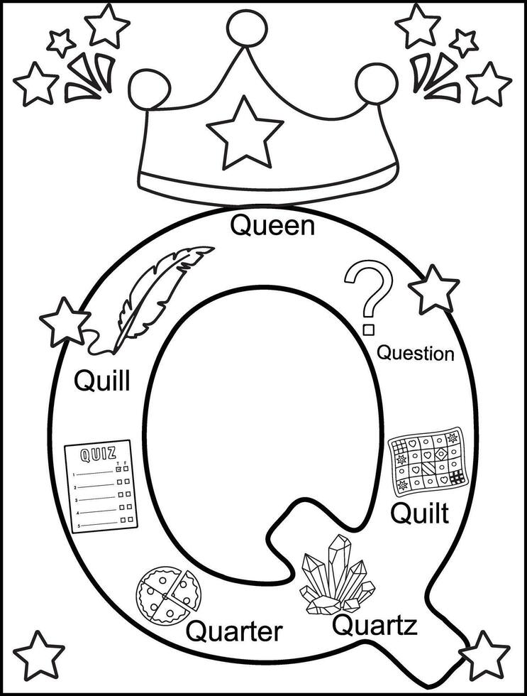 Alphabet Q coloring pages for kids vector