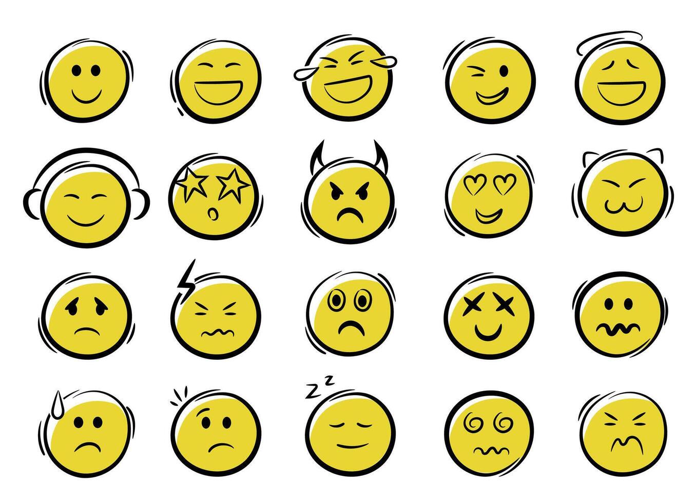 Doodle emoji face icons set. Sketch style hand drawn sketch emoji with different mood and emotion. vector