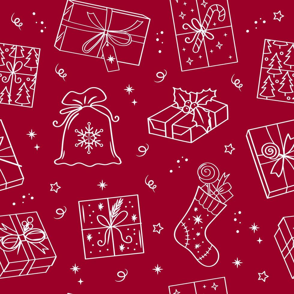 Christmas gifts red background. New Year packaging. Seamless pattern for fabric, wallpaper, print, wrapping. vector