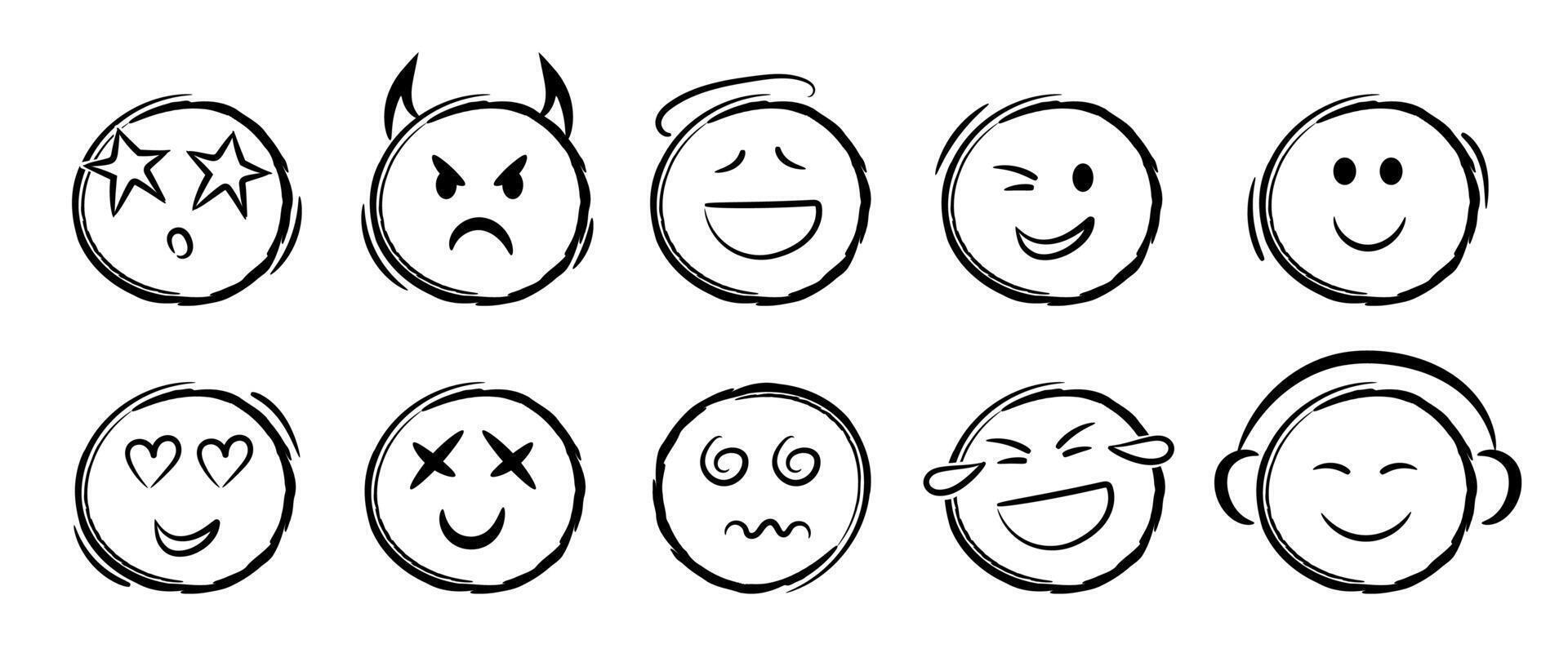 Doodle emoji face icons set.Devil, angel, listening to music, in love, laughing, hypnosis, star eyed. vector
