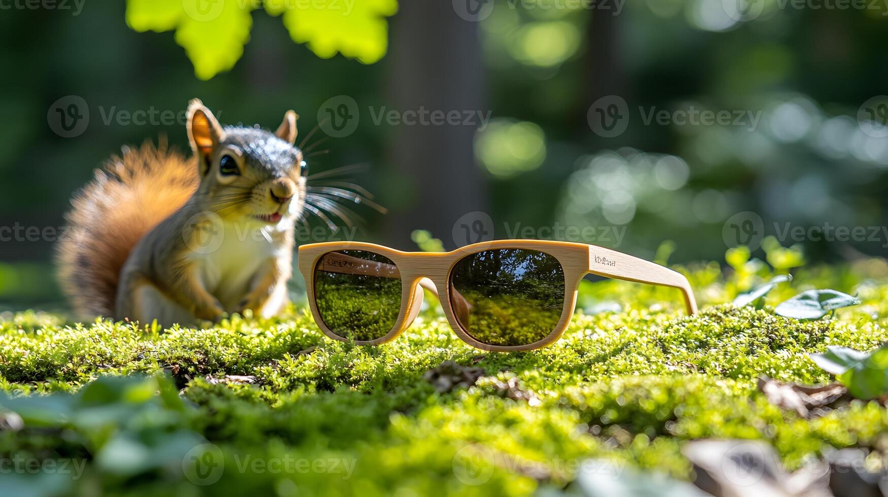 Squirrel beside sunglasses on mossy ground. photo