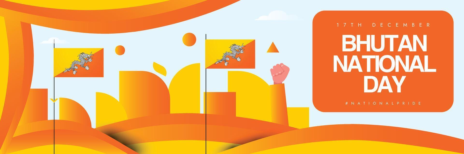 National day of Bhutan. 17th December Bhutan National day celebration cover banner, post template with its flags, abstract art elements. The day recalls coronation of the first king of Bhutan in 1971. vector