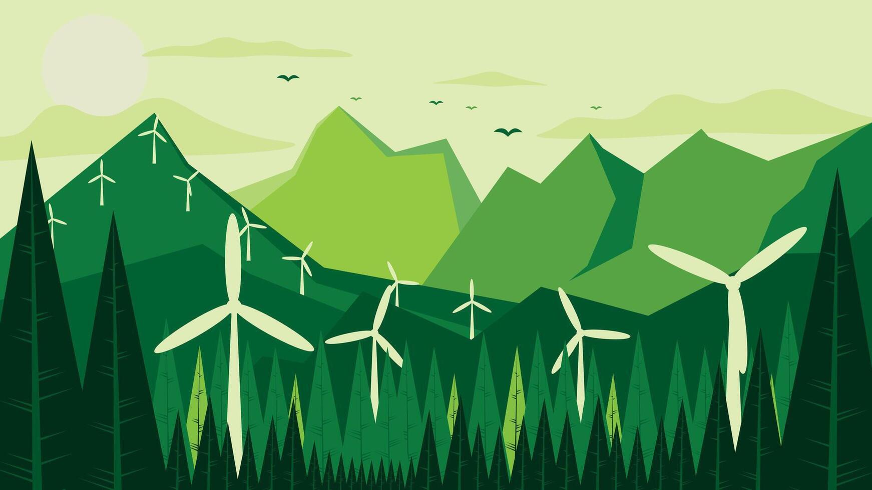 Lively landscape with wind turbines. Wind energy vector