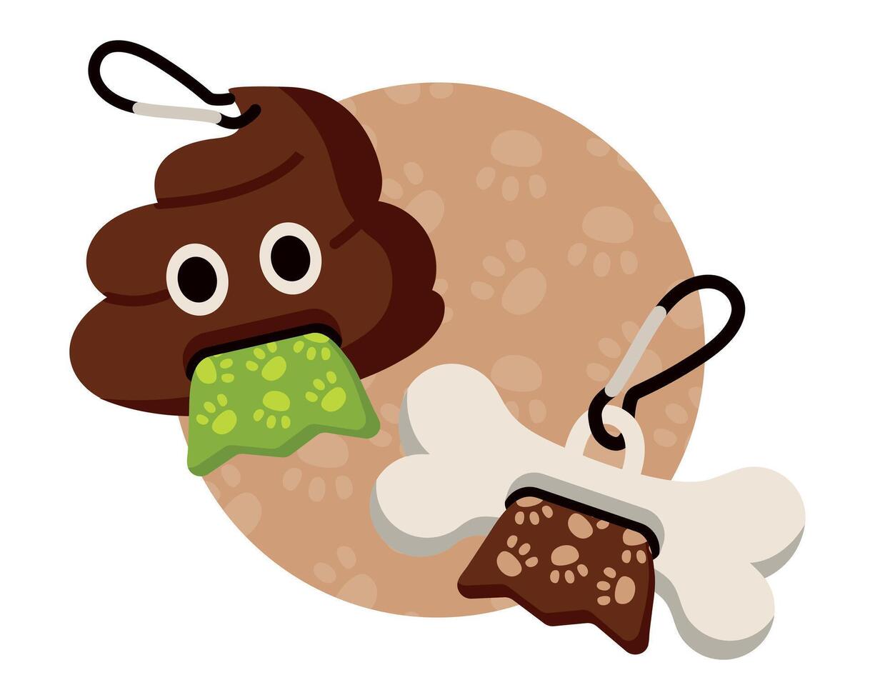Dispensers with Bags for Cleaning dog excrement. Funny Holders in shape of Bone and Poop in cartoon style with clips, bags with pattern of paws. Portable accessory for pet waste. illustration. vector