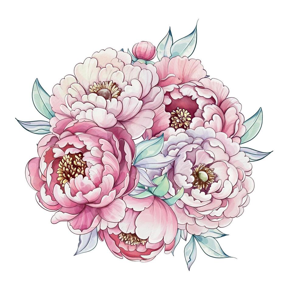 A bouquet of peonies in various stages of bloom showcases their intricate petals and vibrant colors, radiating springtime charm and elegance. vector