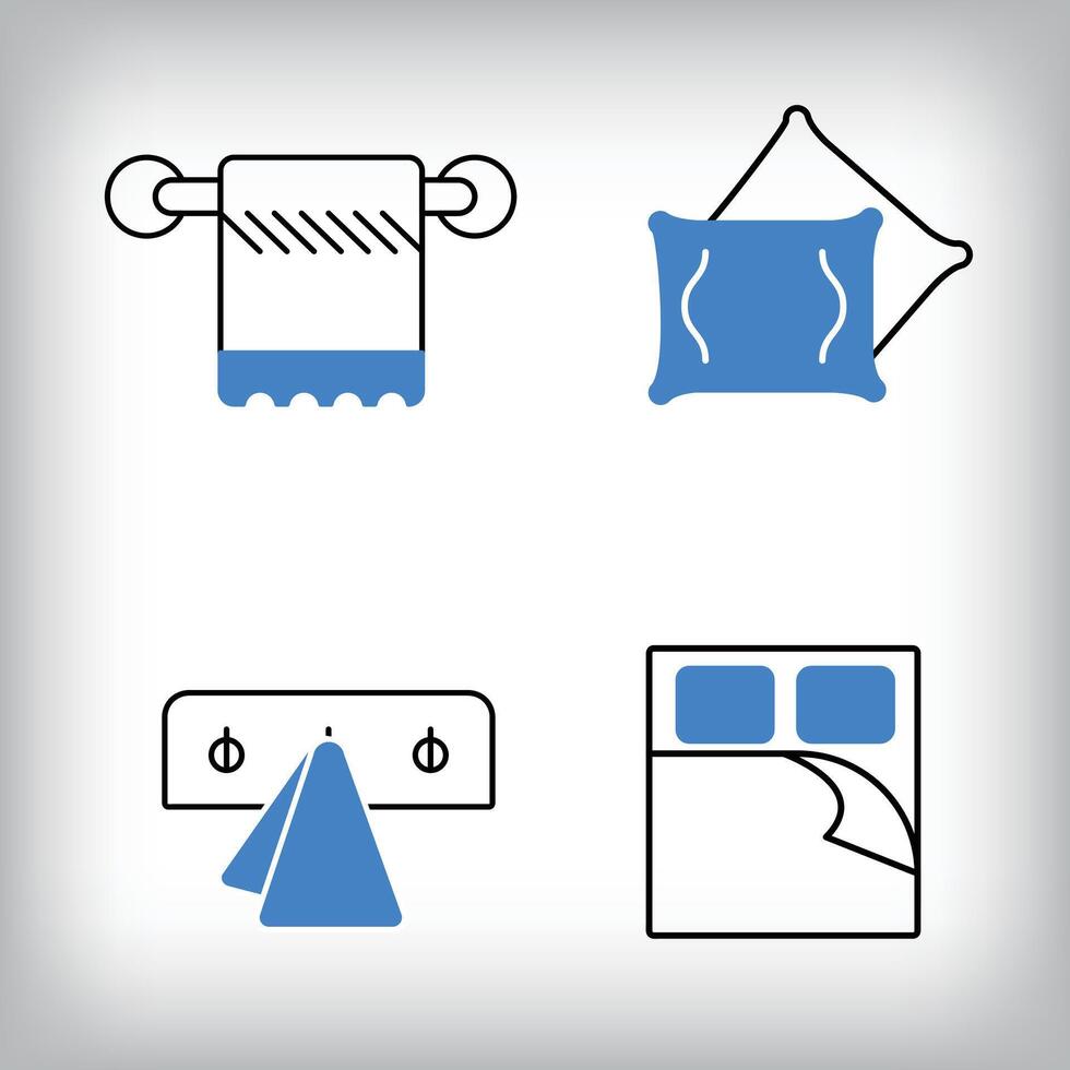 Linear hand towel, bed and pillow icon set. Different designs of household materials and appliances. vector