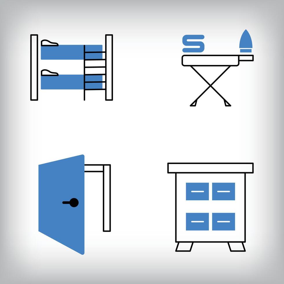 Linear door, drawer and bunk bed icon set. Different designs of household materials and appliances. vector