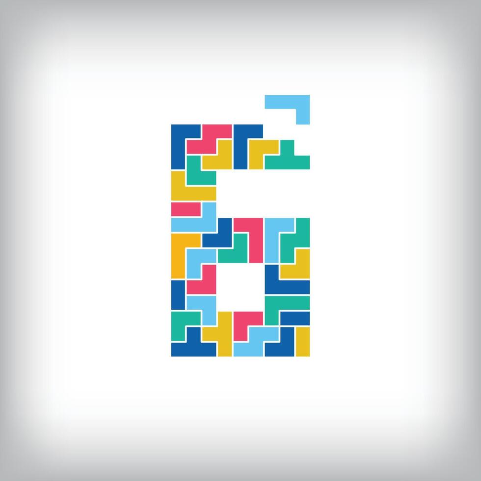 Unique colorful number 6 game pixel style. Editable design. 0-9 are related to each other. vector