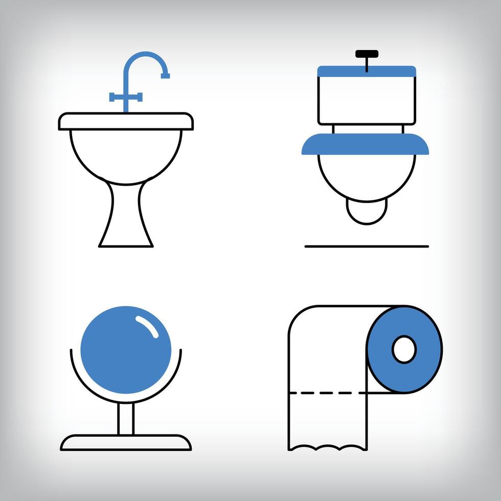 Linear toilet, mirror and toilet paper icon set. Different designs of household materials and appliances. vector