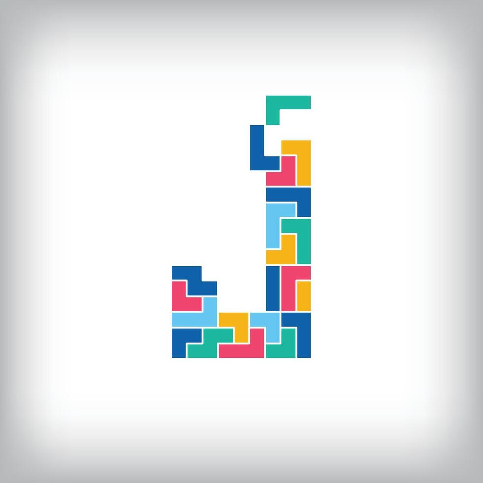 Unique colorful letter J falling pixel style. Editable design. Alphabets are related to each other. vector