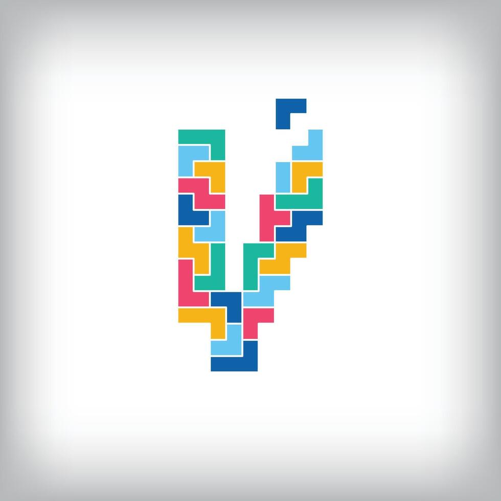 Unique colorful letter V falling pixel style. Editable design. Alphabets are related to each other. vector
