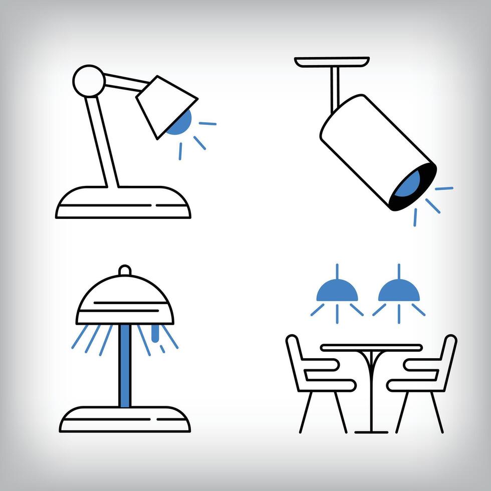 Linear work lamp, desk lamp and led lighting icon set. Different designs of household materials and appliances. vector