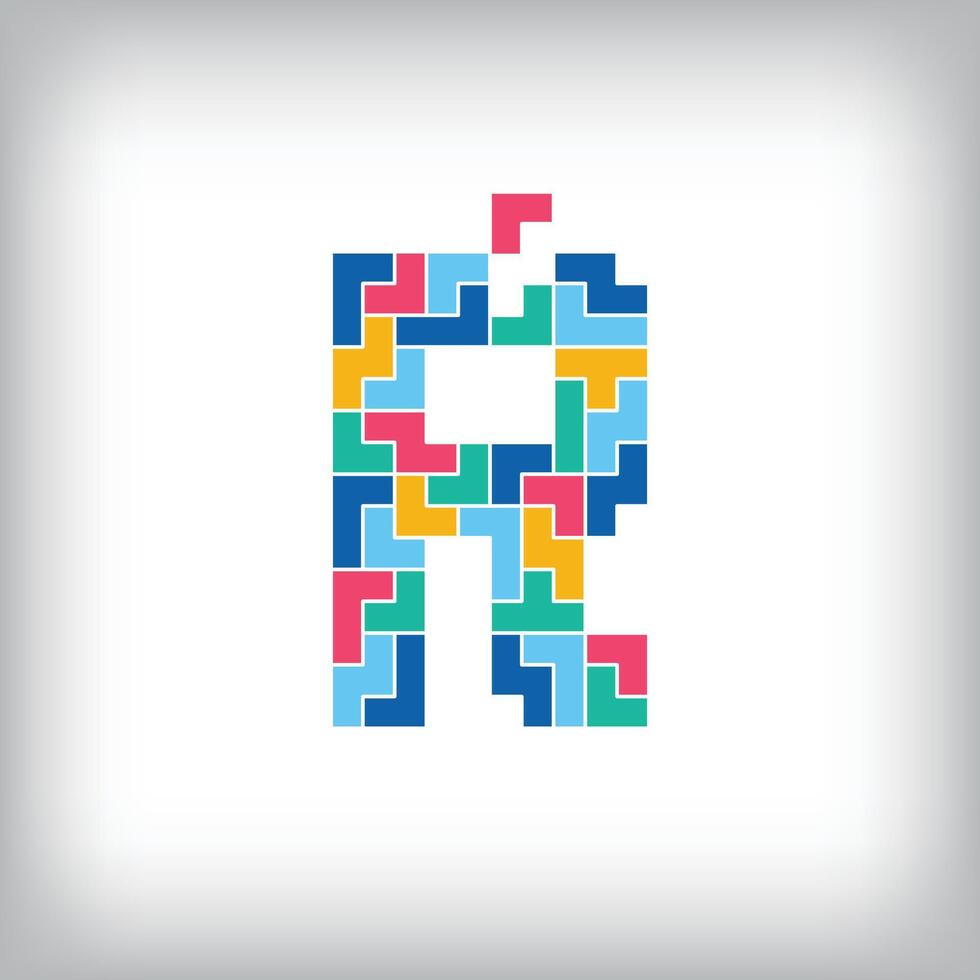 Unique colorful letter R falling pixel style. Editable design. Alphabets are related to each other. vector