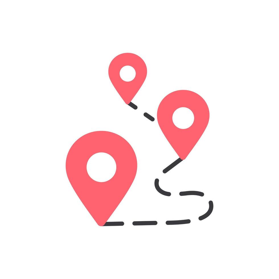 icon route,Three location markers connected by a dashed line represent a route. Ideal for travel, navigation, map, or transportation concepts. Isolated white background editable, eps 10 vector