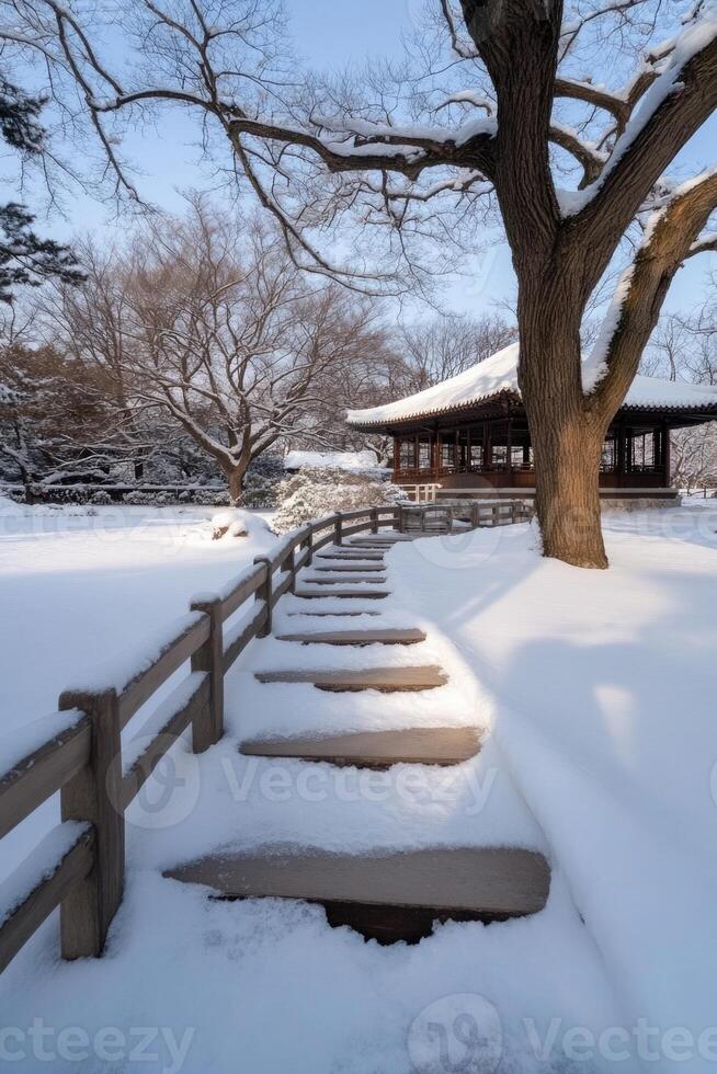 Winter serenity - breathtaking scene of snowy cottages nestled in mountain village, surrounded by pristine white landscapes, tranquil beauty and charm of a peaceful winter retreat. photo