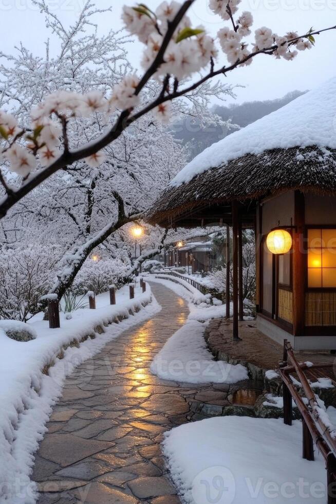 Snowy retreat - picturesque view of mountain village, with cozy cottages blanketed in snow, framed by majestic peaks, calm and enchanting atmosphere of a serene winter landscape. photo