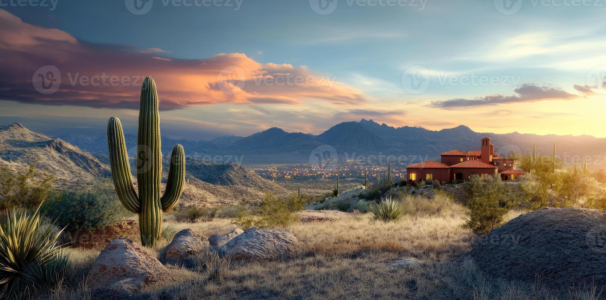 Arizona skyline - sunset horizon, cactus landscape, residential neighborhood, mountain backdrop, scenic cityscape, vibrant desert view, serene housing area, real estate charm, evening glow. photo