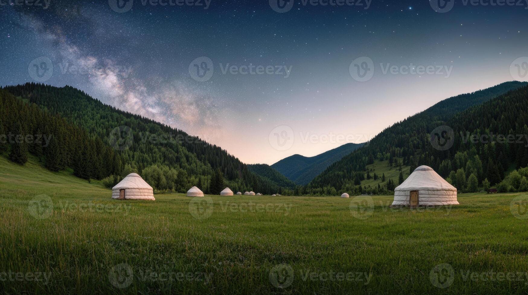 Mongolian yurt - traditional dwelling, vast landscape, scenic beauty, rural charm, cultural heritage, expansive outdoors, tranquil environment, peaceful retreat, serene horizon, rustic appeal. photo