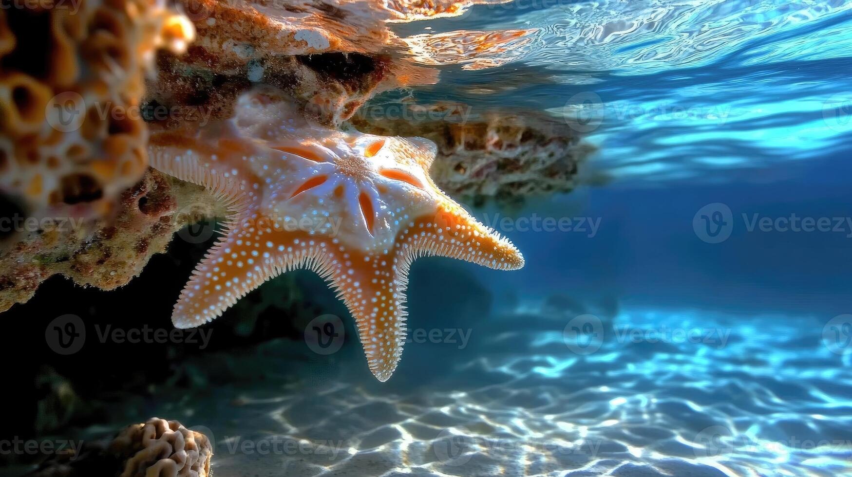 Luminous wonder - a glowing starfish radiating light, showcasing its intricate patterns, ethereal glow, symbolizing marine beauty, luminescence, and the mysteries of underwater life. photo