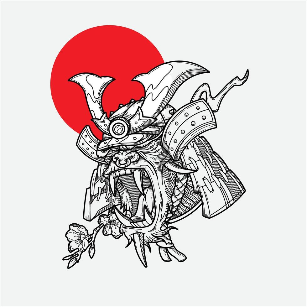 Samurai monkey head hand drawn illustration artwork vector