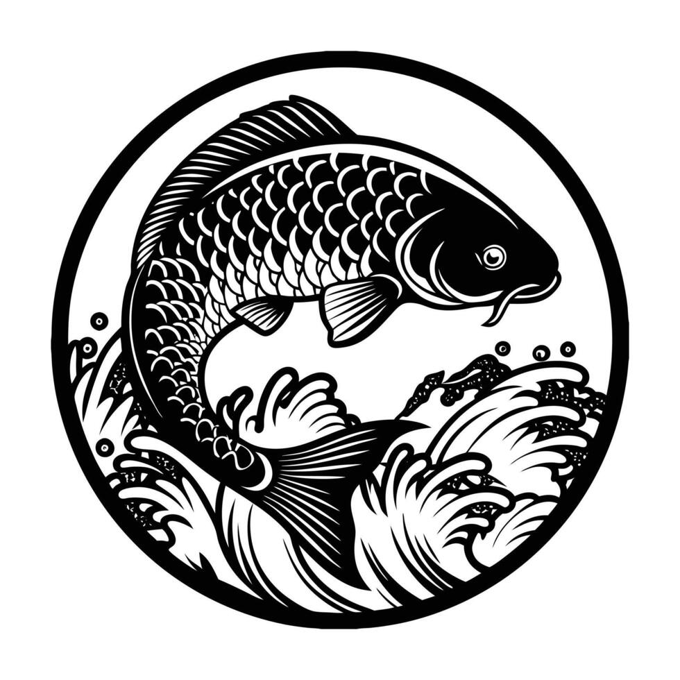 illustration of a carp fish jumping on the wave vector