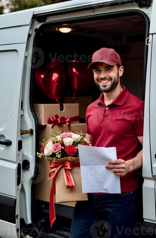 Smiling delivery man wearing red cap and T-shirt with documents and bouquet of roses in hands near the open side door of a white van with gift boxes, and heart-shaped balloons photo