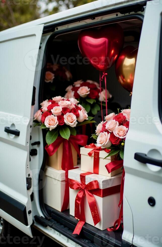 Open side door of a white delivery minivan with gift boxes with red ribbons, bouquets of roses, and a heart-shaped red balloons, close-up view photo