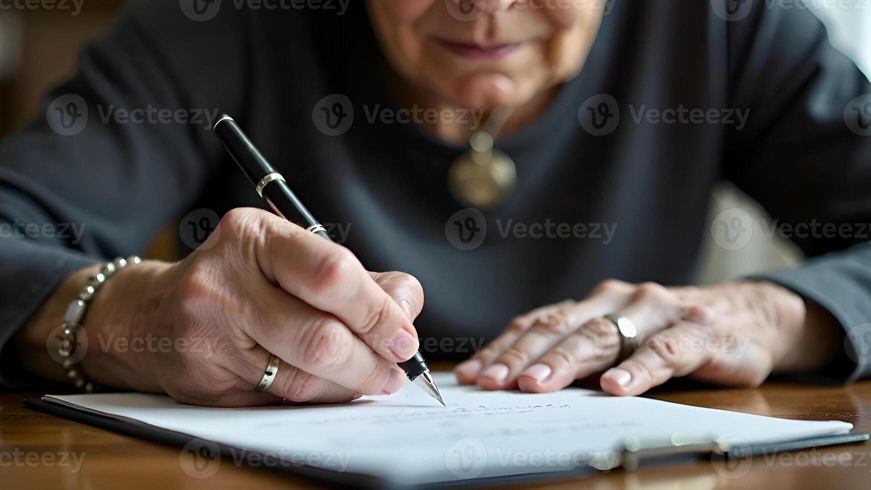 Close-up view on hands of elderly woman signing documents on the table, cropped view, hands with jewelry, blurred face on the background photo