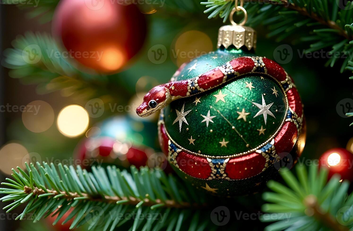 A close-up of a green Christmas ball with volumetric red snake design and star patterns, hanging on lush fir branches, on the background blurred Christmas ornaments and lights photo