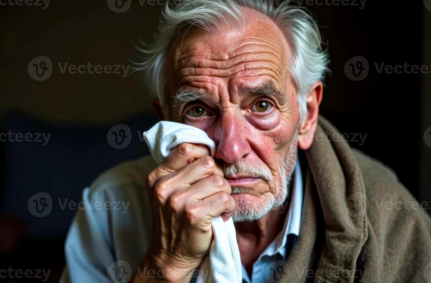 A portrait of a sad and exhausted elderly man pressing a white handkerchief to his face, appearing to be in pain, dressed in a light blue shirt with a dark green warm coat slipping off photo