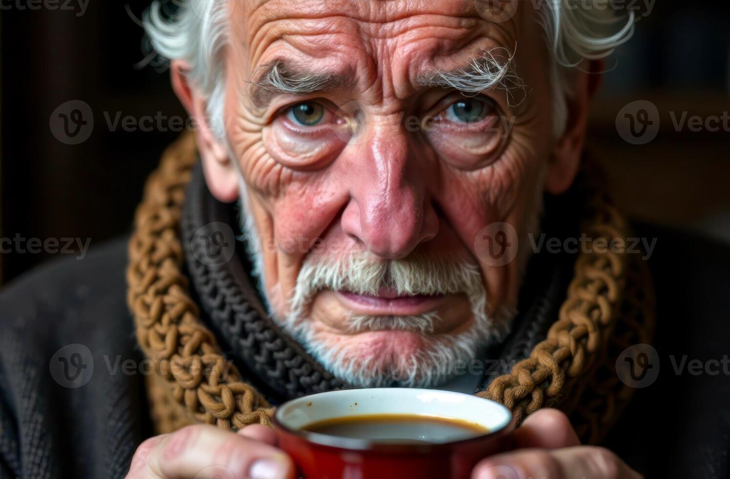 Portrait of a tired elderly man wearing a knitted scarf around his neck, holding a red mug with a hot drink photo