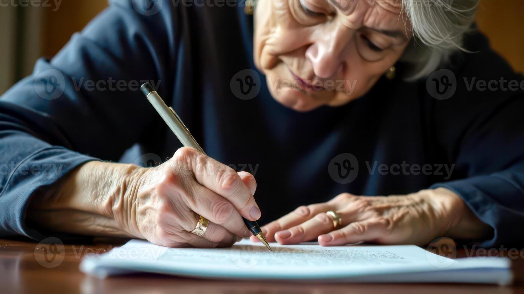 Cropped view of an elderly woman leaning over a table and signing documents, the close-up view on her hands, pen, and paper photo