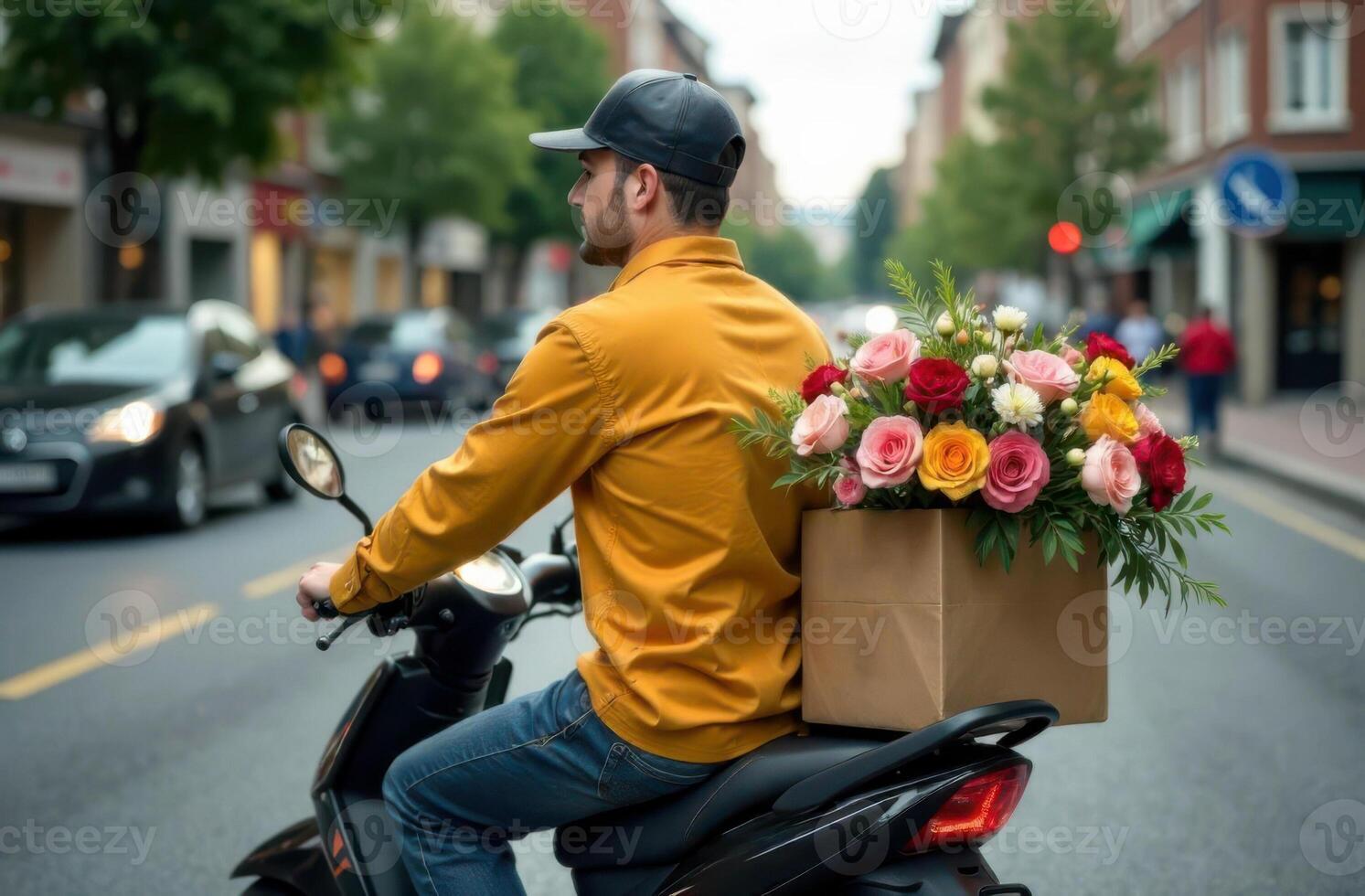A flower delivery man in a yellow jacket and blue cap riding a motorcycle with a box of assorted flowers on the back, against a blurred city street background, cropped view photo