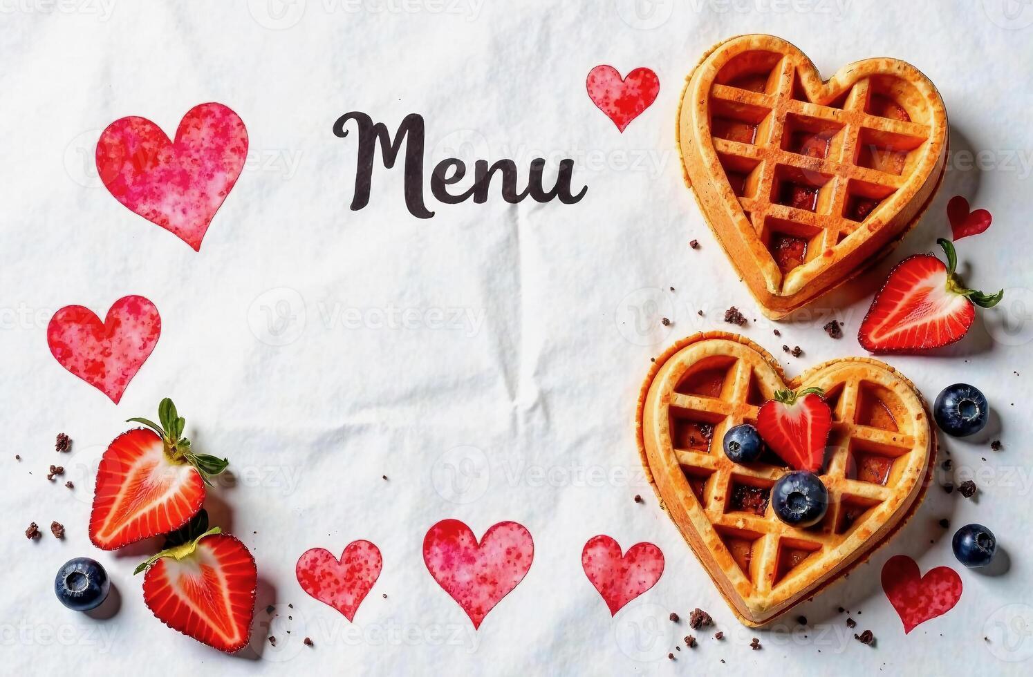 Top-down view of a banner of wrinkled white paper with watercolor hearts, heart-shaped waffles, strawberries, blueberries, and chocolate crumbs on the edges with written menu word photo