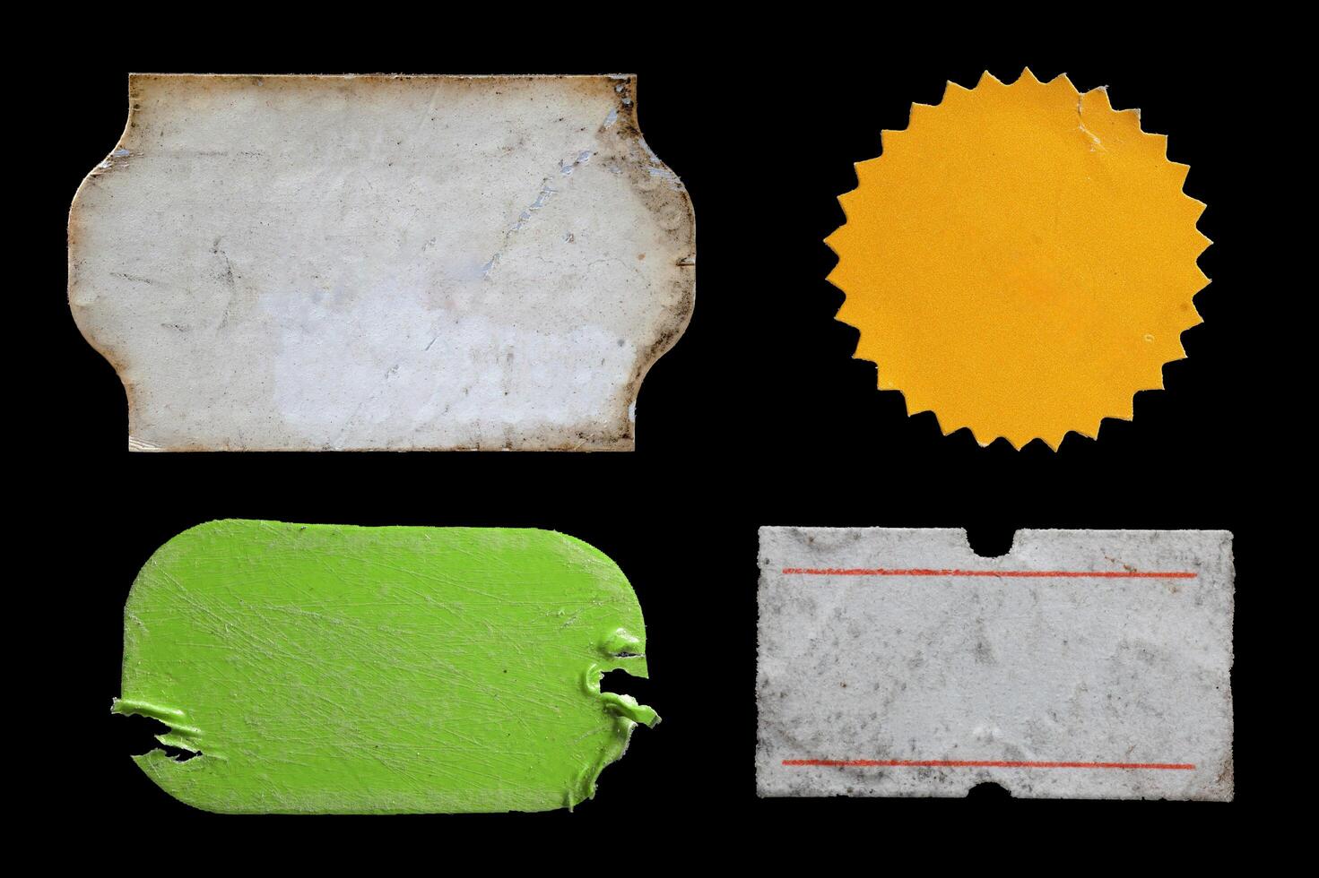 collection of blank old sticker, label, price tag template for mockup. isolated dirty, ripped, half peeled stickers photo
