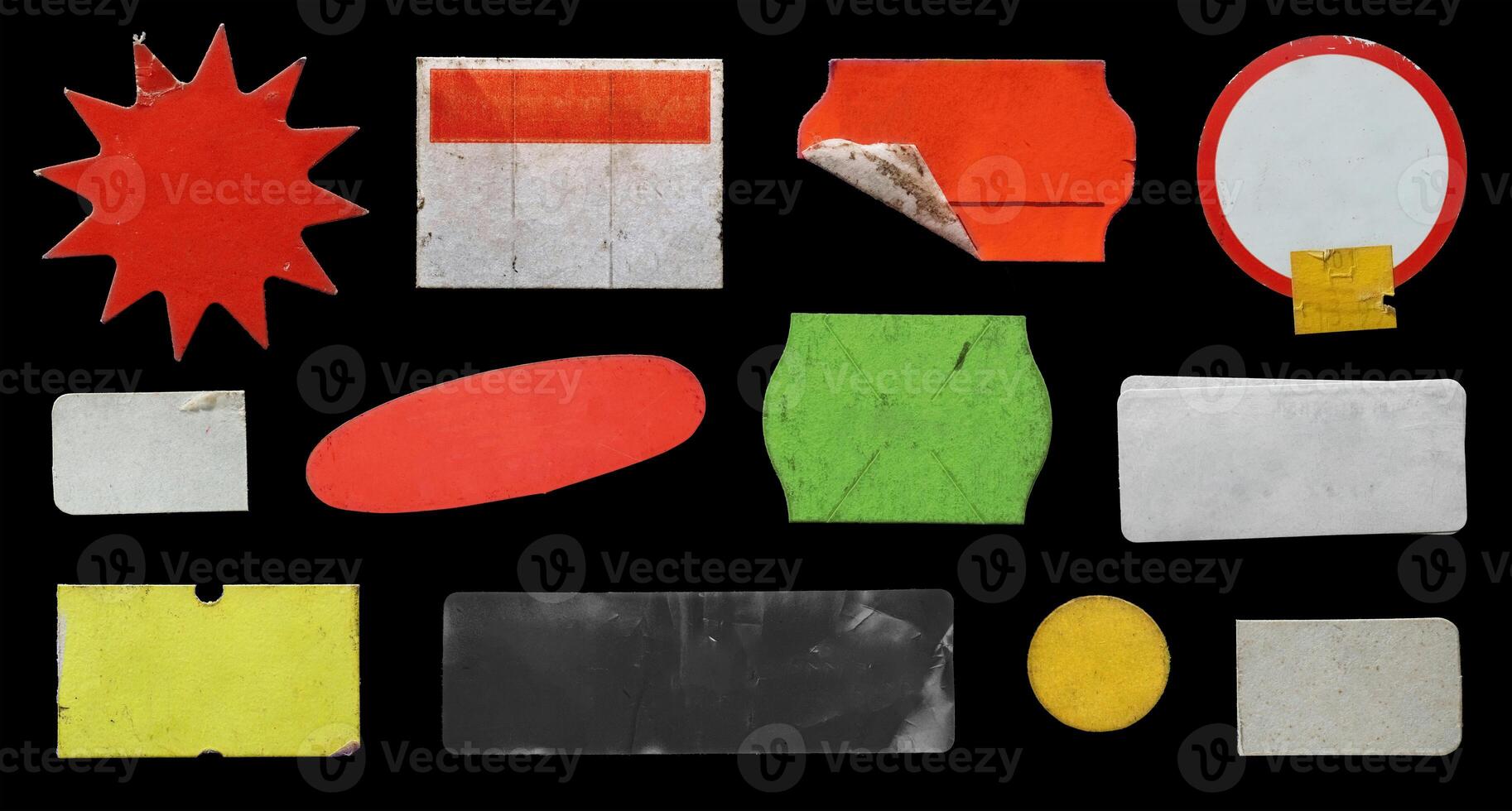 collection of blank old sticker, label, price tag template for mockup. isolated dirty, ripped, half peeled stickers photo