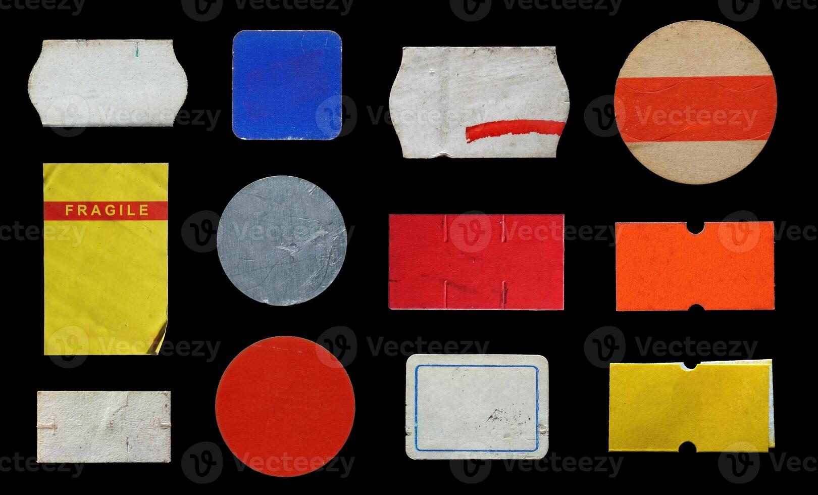 collection of blank old sticker, label, price tag template for mockup. isolated dirty, ripped, half peeled stickers photo