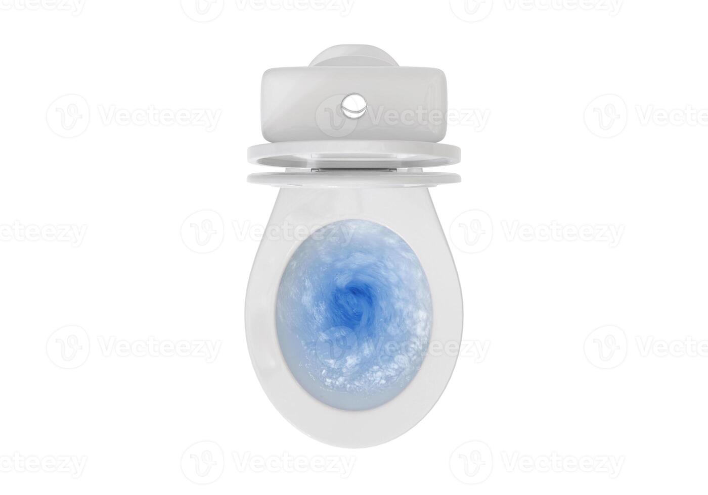 Top view of toilet bowl, blue detergent flushing in it photo
