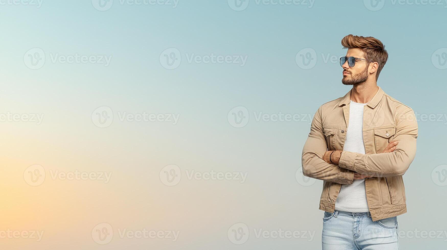 A man in sunglasses and a tan jacket standing with his arms crossed photo