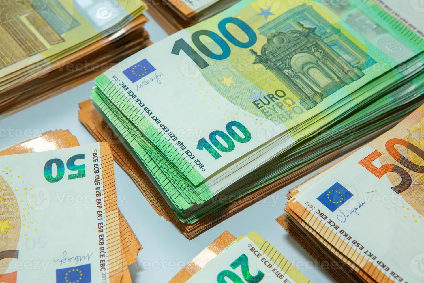 Euro banknote cash money. Lot of banknotes of European union currency close up. Financial investment, savings, income earnings concept. photo